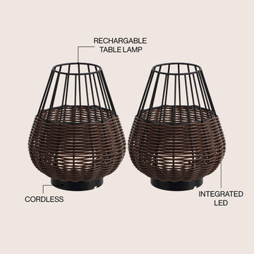 Elian 10" Modern Rustic Decorative Indoor/Outdoor Faux Wicker Rechargeable/Cordless Dimmable Integrated LED Table Lamp, Set of 2